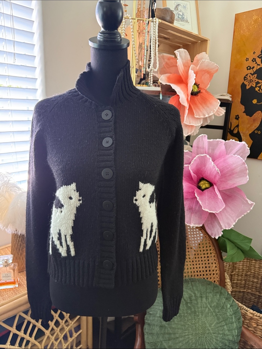 Ines de la Fressange x Uniqlo Black Wool Knit Baby Deer Fawn Cardigan Sweater